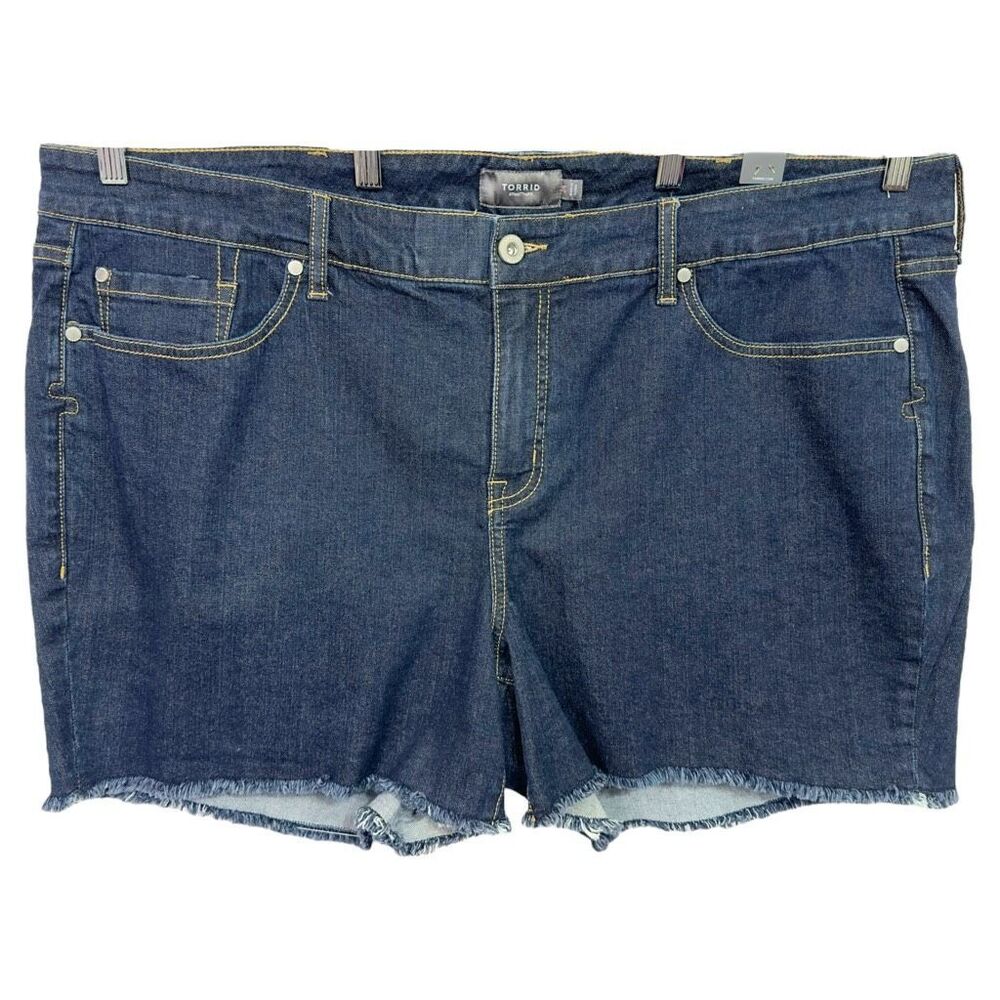 Torrid Plus Size 24 Denim Shorts Mid Rise 5 Inch Dark Blue Raw Hem Frayed‎ 432